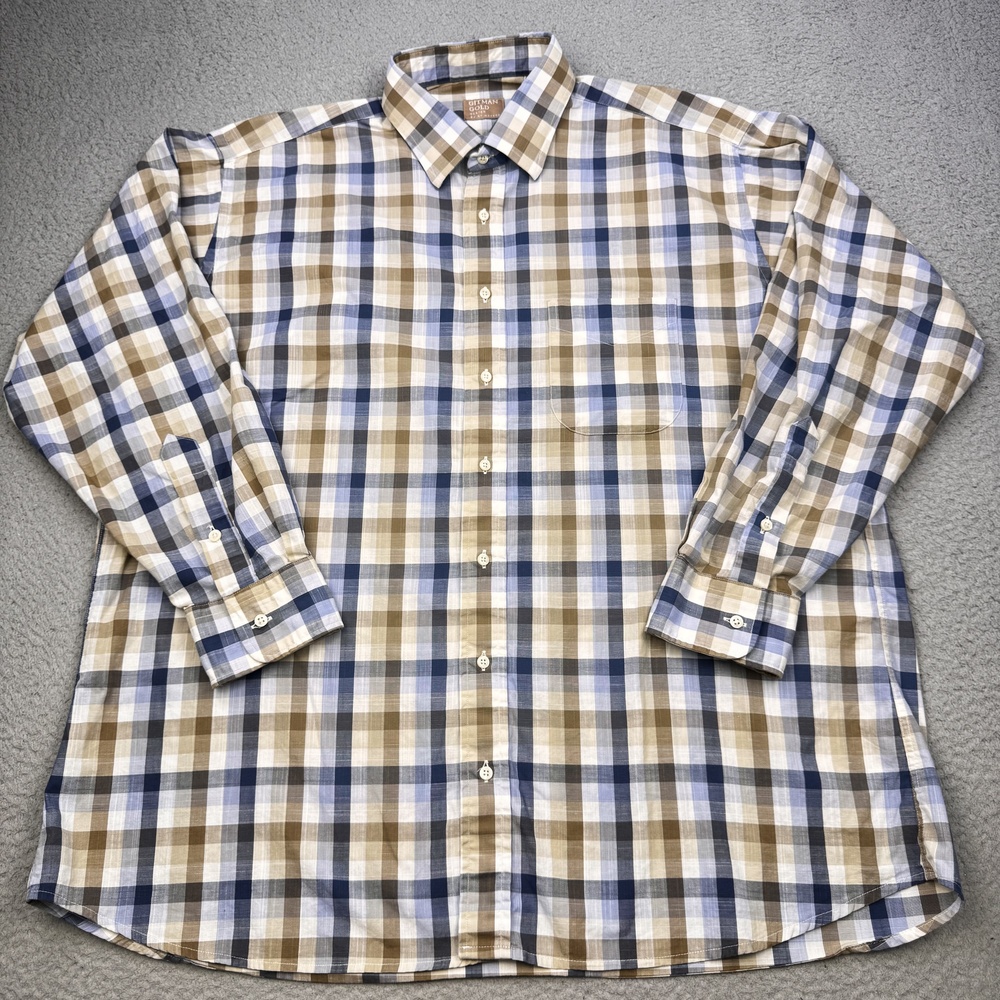Gitman Gold Shirt Mens 17.5 34 Blue Tan Plaid Button Down Made USA Cotton
